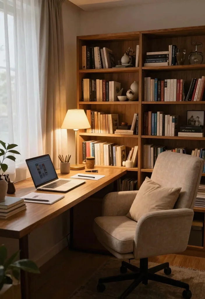 28 Long Desk Home Office Ideas Spacious and Stylish - 8. Cozy Reading Nook and Home Office Combo 1