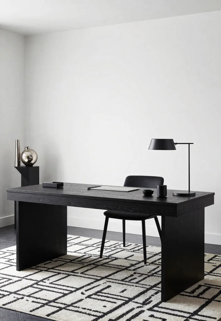 28 Long Desk Home Office Ideas Spacious and Stylish - 9. Elegant Monochrome Office Style 1