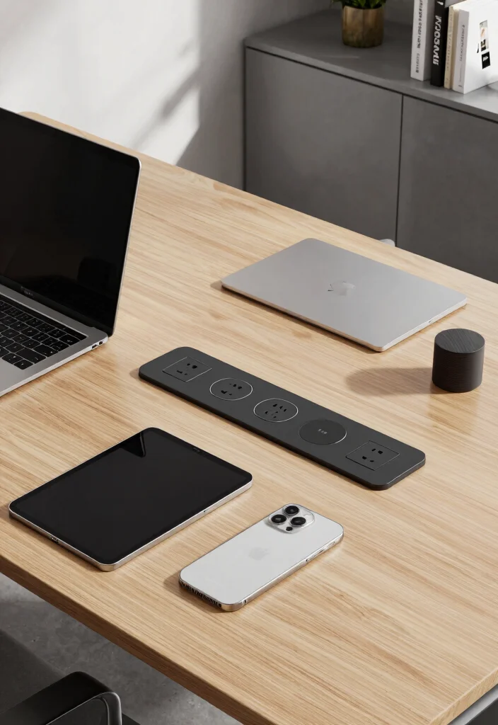 28 Office Staff Table Design Ideas Modern and Functional - 22. Tech Integration in Desk Design 1