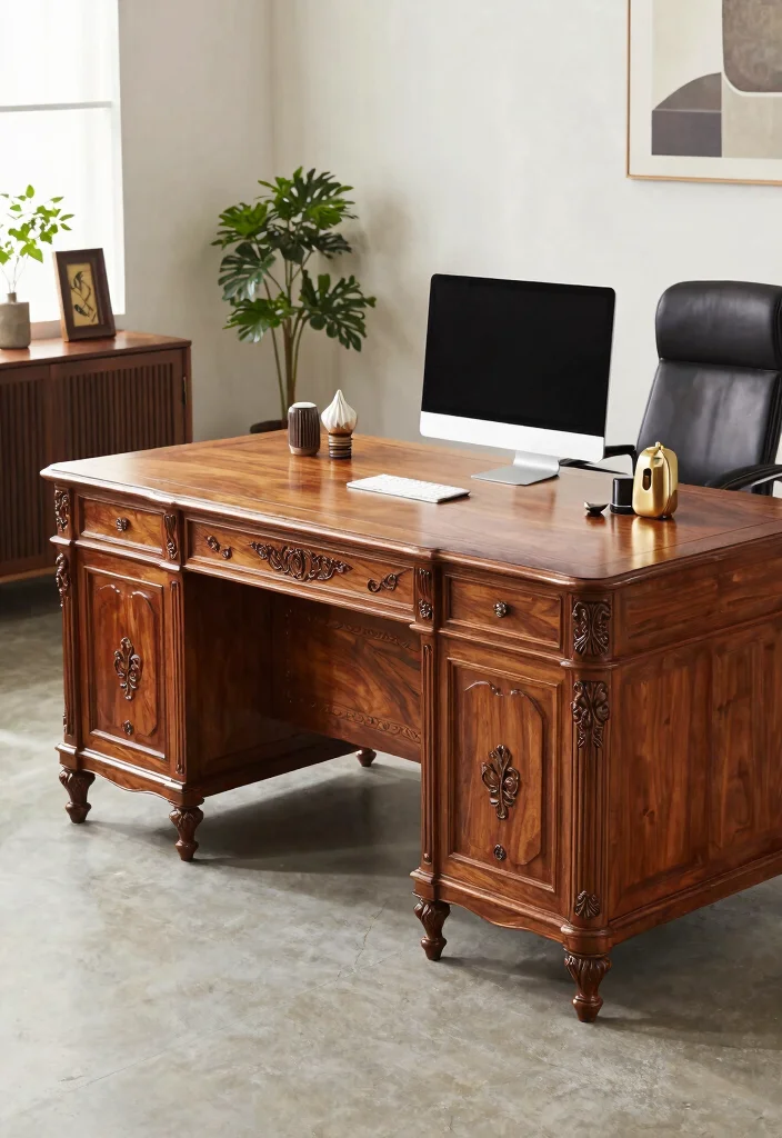 28 Office Staff Table Design Ideas Modern and Functional - 9. Vintage-Inspired Office Table 1