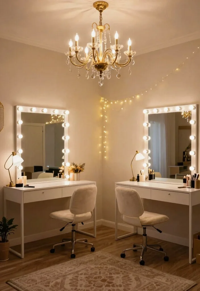 28 Office and Makeup Room Combo Ideas Dual Purpose Glam - 11. Elegant Lighting for Glamorous Vibes 1