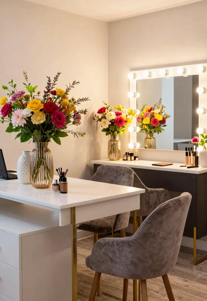 28 Office and Makeup Room Combo Ideas Dual Purpose Glam - 12. Flower Power: Adding Freshness 1