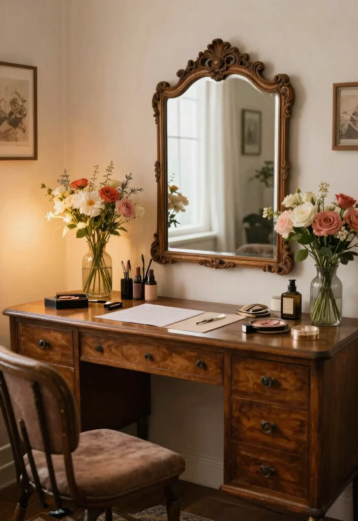 28 Office and Makeup Room Combo Ideas Dual Purpose Glam - 13. Vintage Charm for a Unique Touch 1