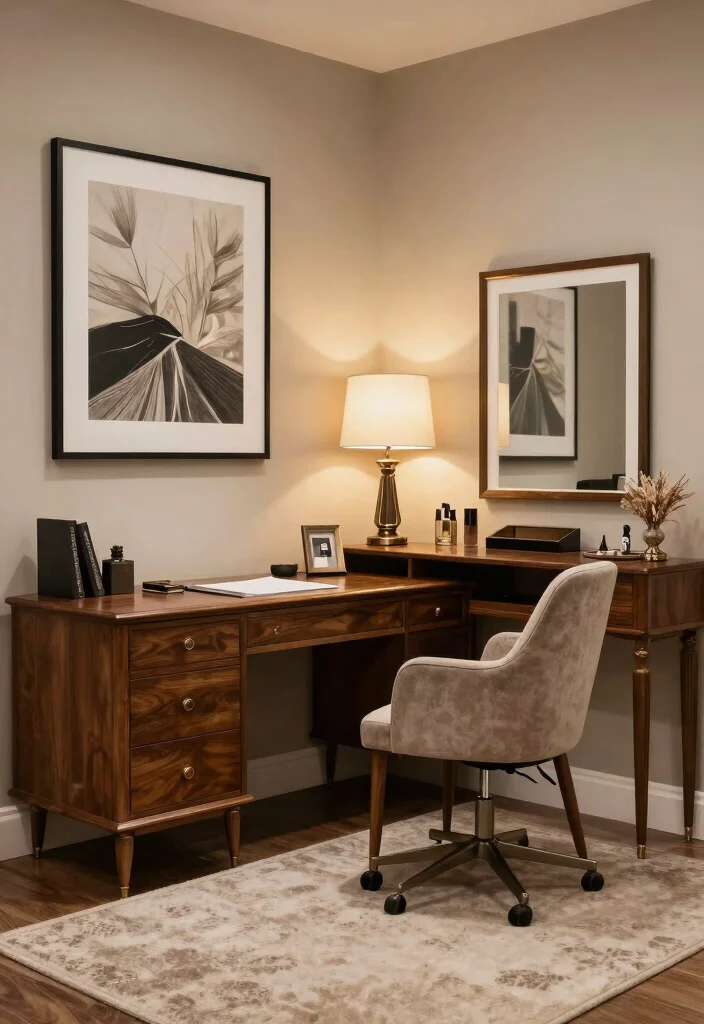 28 Office and Makeup Room Combo Ideas Dual Purpose Glam - 22. Blend Classic Elegance with Modern Touches 1