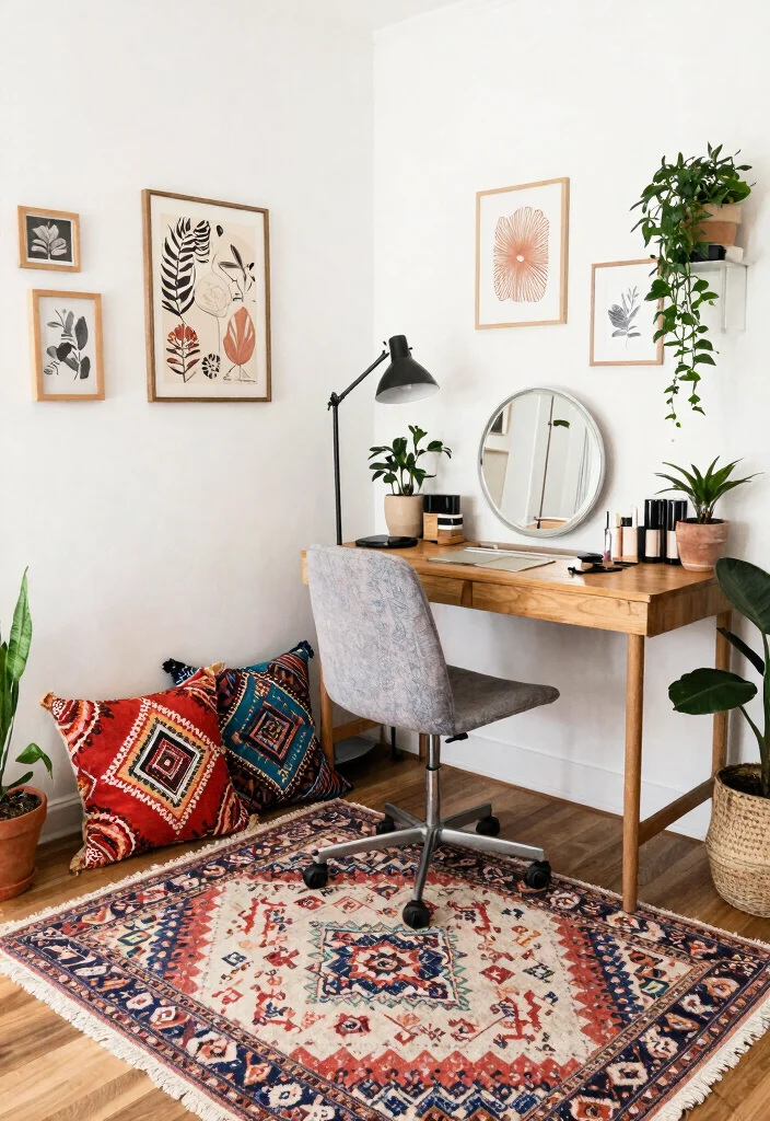 28 Office and Makeup Room Combo Ideas Dual Purpose Glam - 23. Embrace a Bohemian Vibe for Relaxed Chic 1