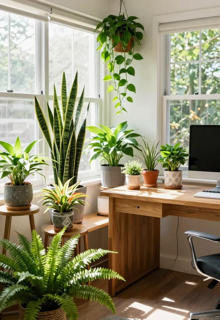 28 Outdoor and Sunroom Home Office Ideas for a Bright Workspace - 1. Lush Greenery: Indoor Plants as Decor 1