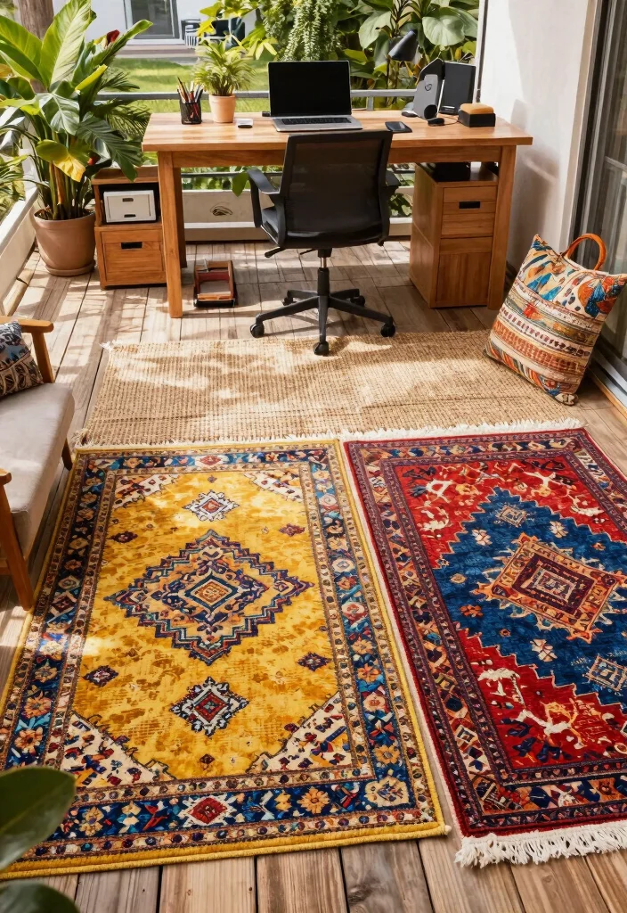 28 Outdoor and Sunroom Home Office Ideas for a Bright Workspace - 18. Colorful and Functional Rugs 1