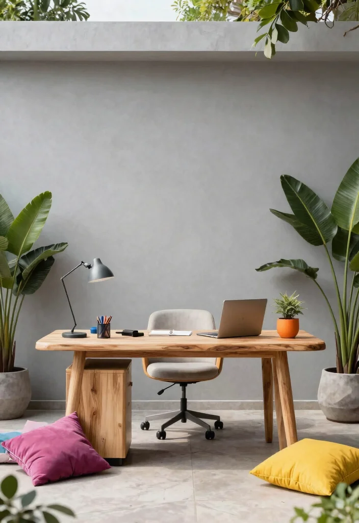 28 Outdoor and Sunroom Home Office Ideas for a Bright Workspace - 24. Use of Neutral Base with Colorful Accents 1
