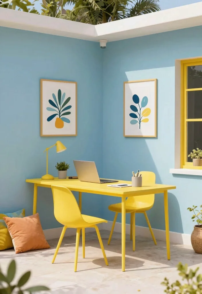 28 Outdoor and Sunroom Home Office Ideas for a Bright Workspace - 27. Thoughtful Color Combinations 1