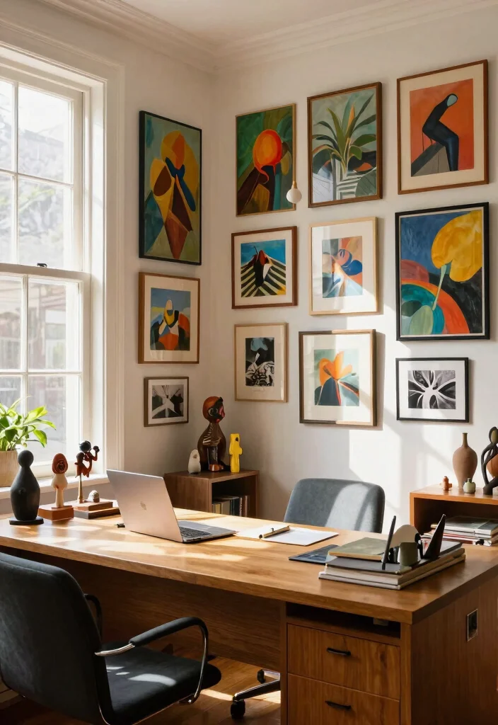 28 Outdoor and Sunroom Home Office Ideas for a Bright Workspace - 7. Personal Touches with Art 1