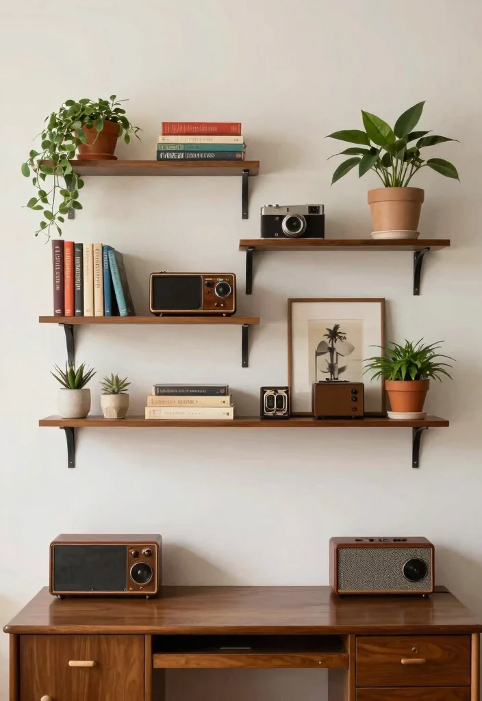 28 Retro Home Office Ideas Vintage Style and Modern Function - 25. Vintage-themed Wall Shelves 1