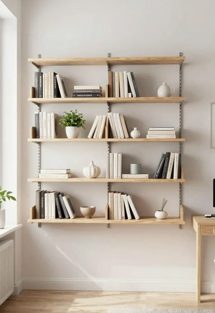 28 Scandinavian Home Office Ideas: Calm, Clean, and Cozy - 13. Minimalist Shelving 1