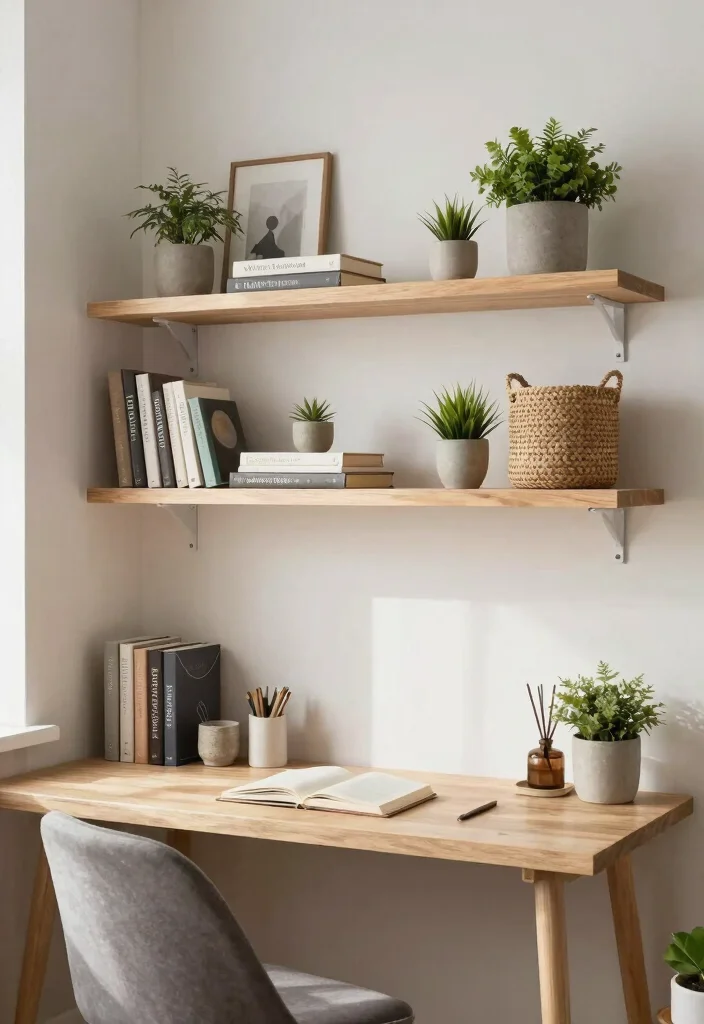 29 Bedroom Desk Ideas for a Cozy Workspace in Your Room - 20. Cozy Floating Shelves 1