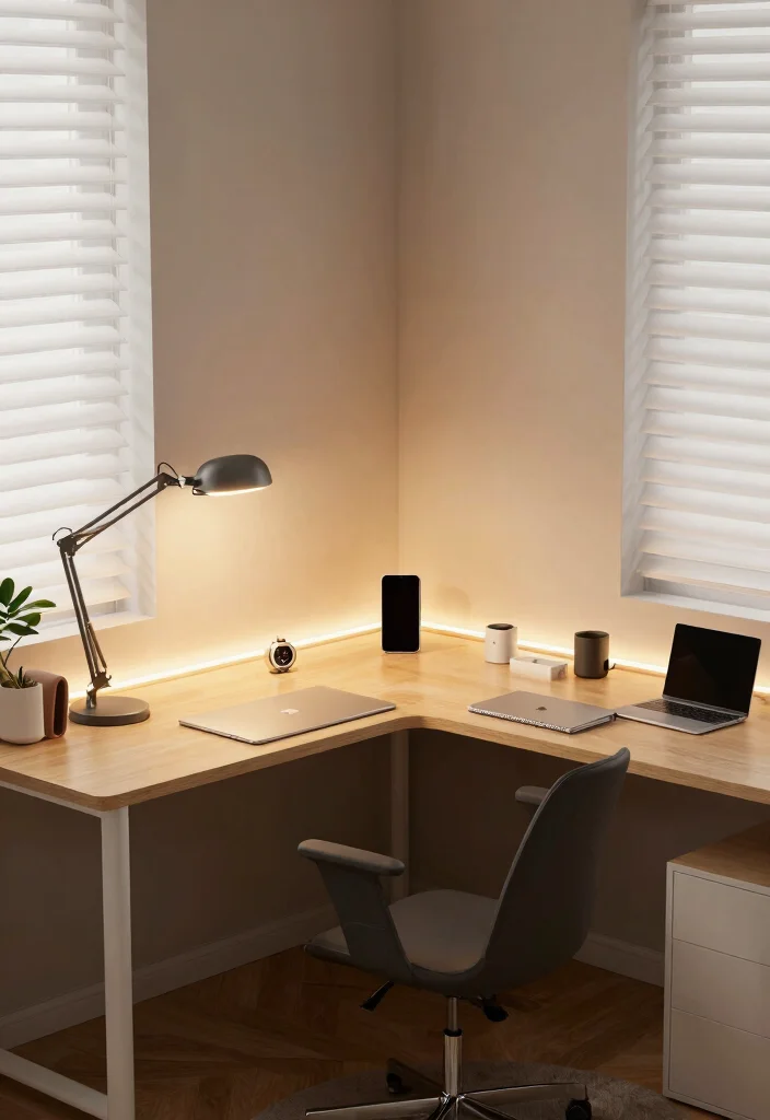 29 Corner Desk Home Office Ideas Smart Use of Every Space - 17. Corner Desk with Smart Lighting Solutions 1