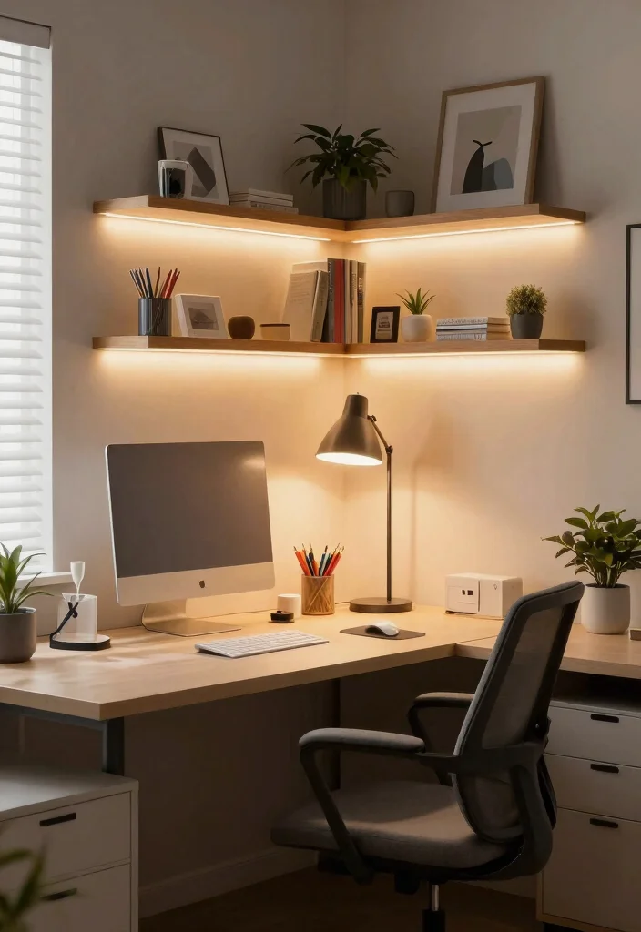 29 Corner Desk Home Office Ideas Smart Use of Every Space - 23. Corner Desk with Multi-Layered Lighting 1