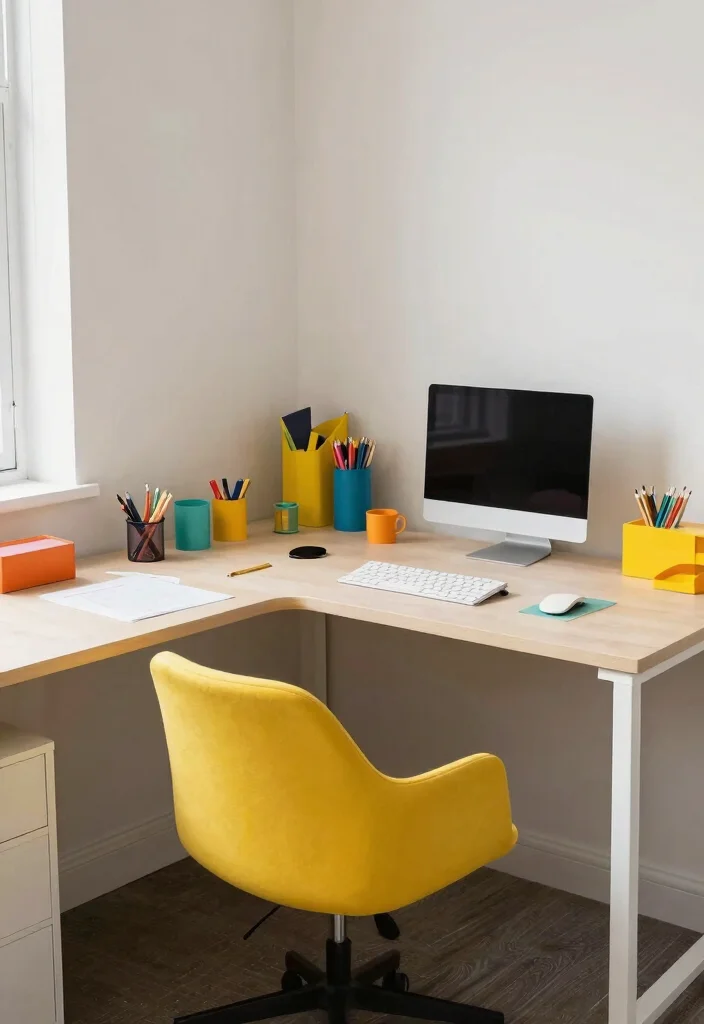 29 Corner Desk Home Office Ideas Smart Use of Every Space - 28. Corner Desk with a Pop of Color 1