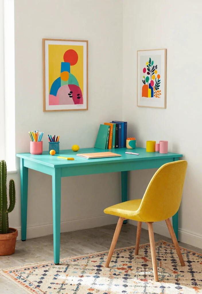 29 Corner Desk Home Office Ideas Smart Use of Every Space - 8. Bright and Colorful Corner Desk 1
