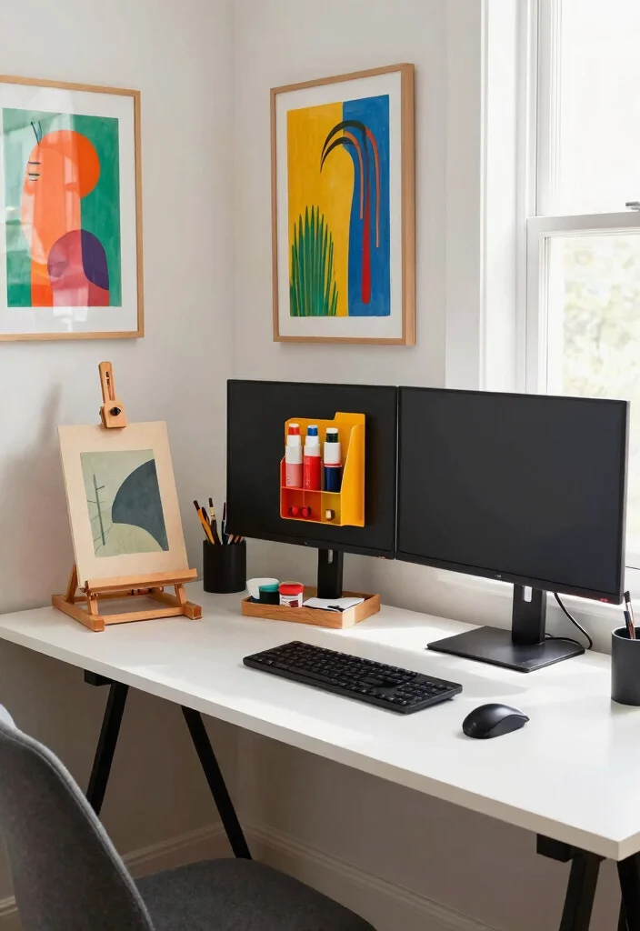 29 Dual Monitor Home Office Setup Ideas Sleek Style - 10. Artistic Flair 1