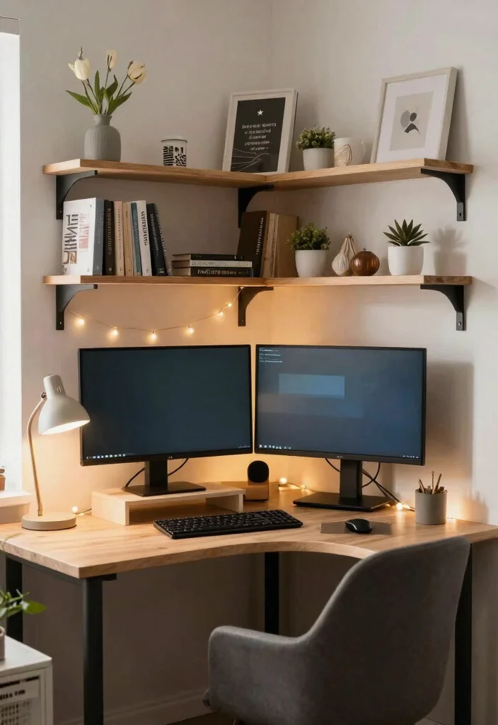 29 Dual Monitor Home Office Setup Ideas Sleek Style - 13. Cozy Corner Workstation 1