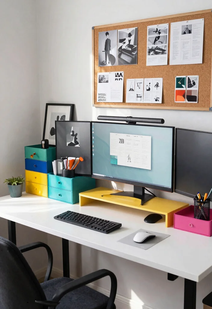 29 Dual Monitor Home Office Setup Ideas Sleek Style - 14. Artsy Organization 1