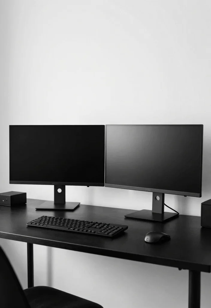 29 Dual Monitor Home Office Setup Ideas Sleek Style - 16. Minimalist Black and White 1