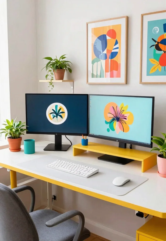 29 Dual Monitor Home Office Setup Ideas Sleek Style - 17. Bright and Cheerful 1