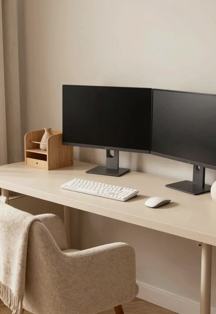 29 Dual Monitor Home Office Setup Ideas Sleek Style - 18. Soft Neutrals 1