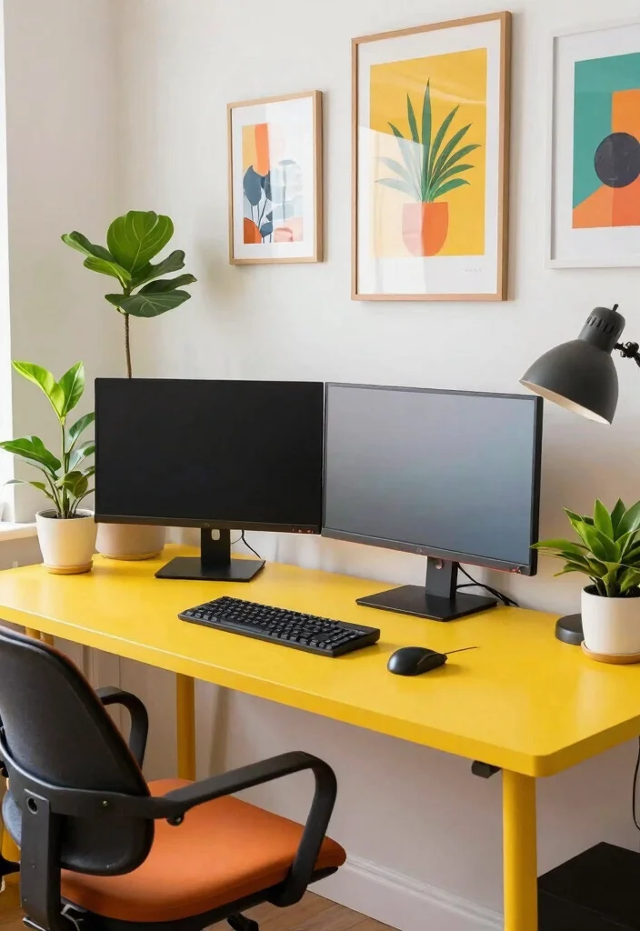 29 Dual Monitor Home Office Setup Ideas Sleek Style - 23. Bright and Bold 1