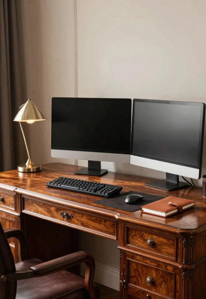 29 Dual Monitor Home Office Setup Ideas Sleek Style - 28. Formal Elegance 1