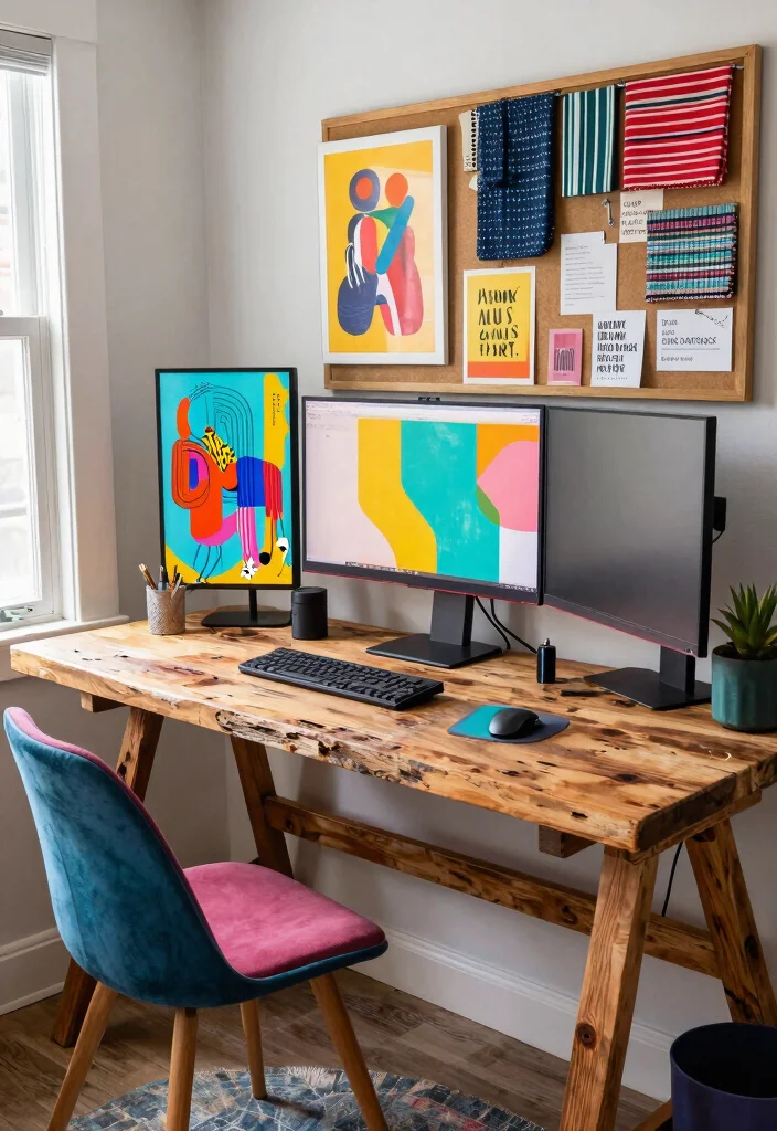 29 Dual Monitor Home Office Setup Ideas Sleek Style - 6. Eclectic Energy 1