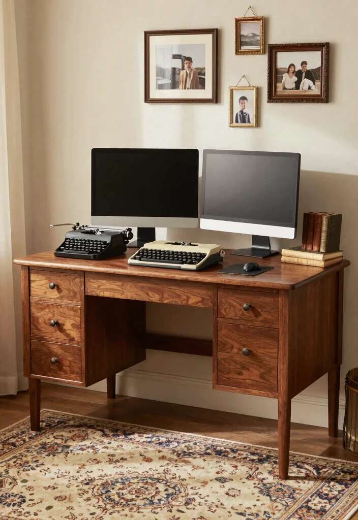 29 Dual Monitor Home Office Setup Ideas Sleek Style - 8. Vintage Vibes 1