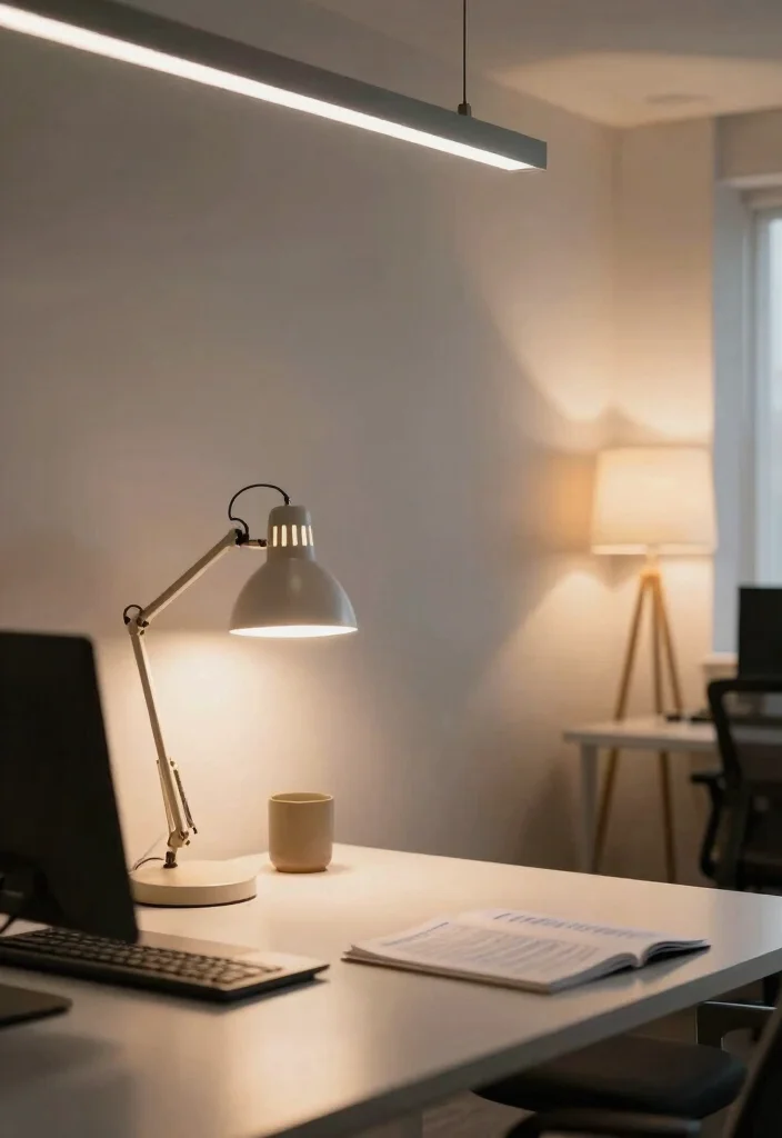29 Feminine Home Office Look Ideas Soft and Sophisticated - 20. Layered Lighting 1