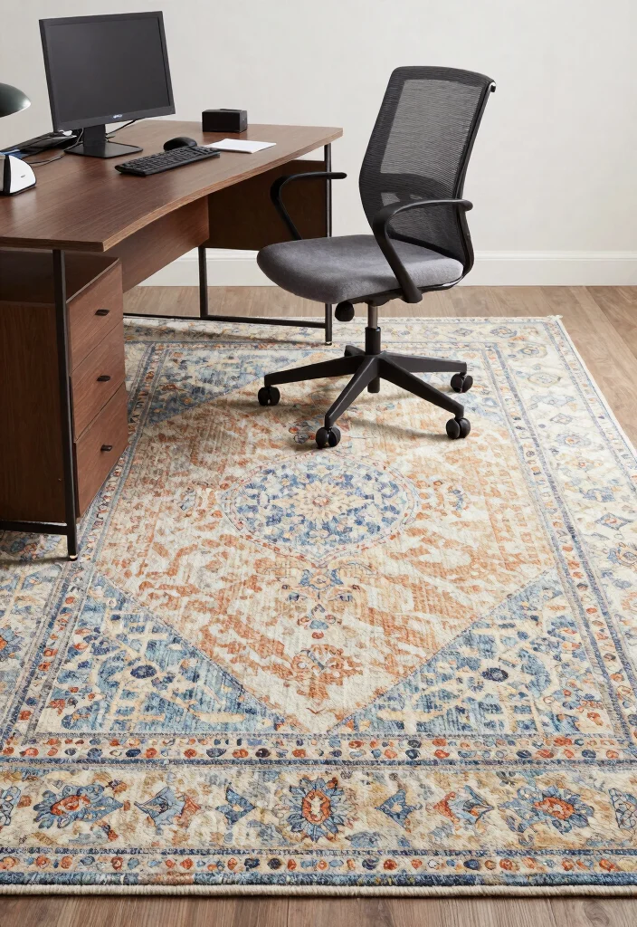 29 Feminine Home Office Look Ideas Soft and Sophisticated - 21. Statement Rugs 1