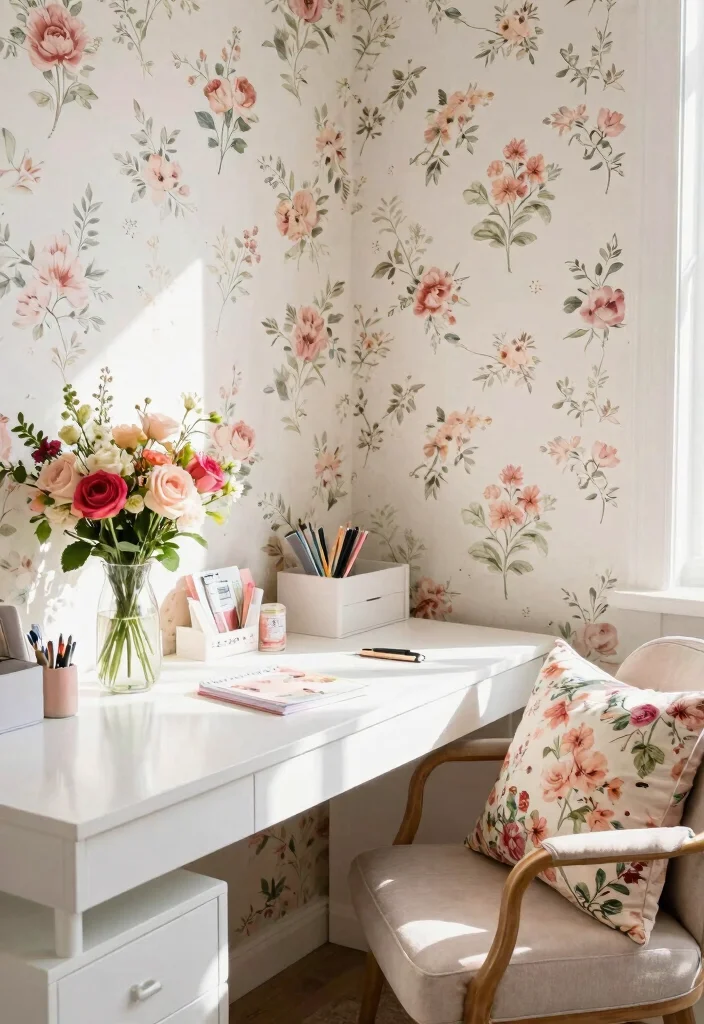 29 Feminine Home Office Look Ideas Soft and Sophisticated - 4. Feminine Floral Touches 1