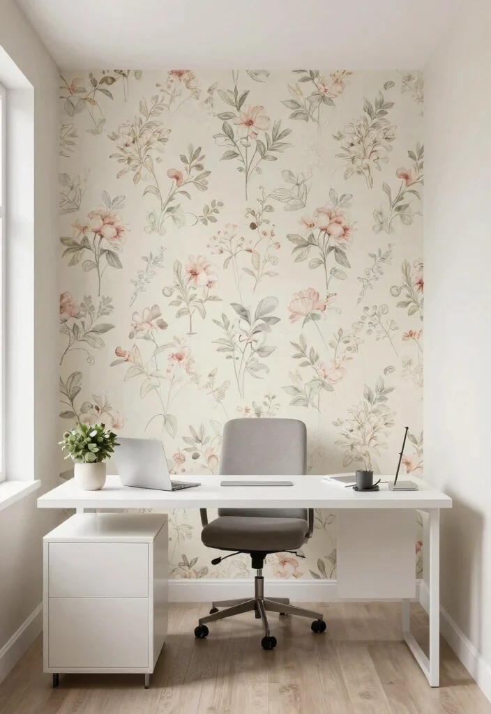 29 Feminine Home Office Look Ideas Soft and Sophisticated - 9. Creative Use of Wallpaper 1