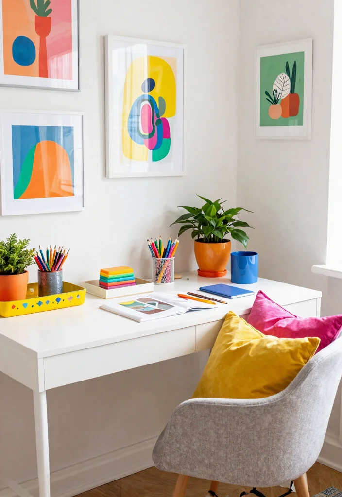 29 Home Office Feminine Ideas Chic and Inspiring - 15. Chic Colorful Accents 1