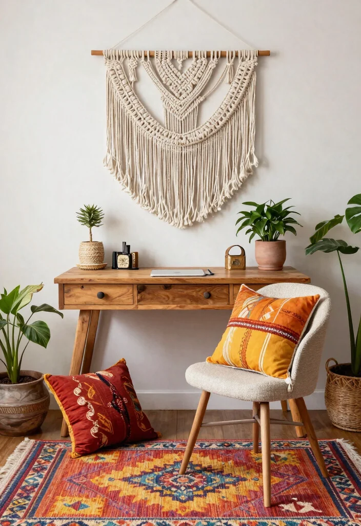 29 Home Office Feminine Ideas Chic and Inspiring - 18. Bohemian Accents for a Free-Spirited Vibe 1