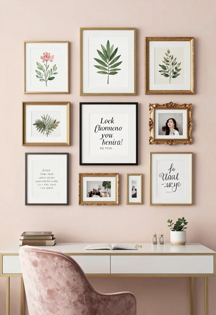29 Home Office Feminine Ideas Chic and Inspiring - 5. Personalized Art and Wall Decor 1