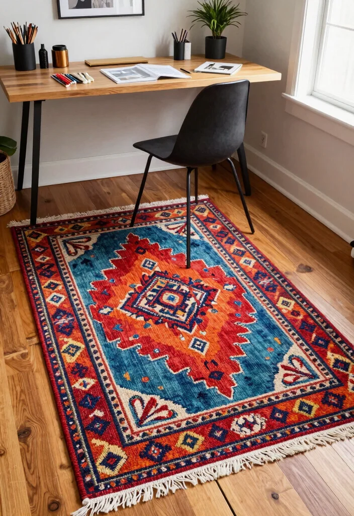 29 Home Office Rug Ideas: Cozy Styling for Your Space - 21. Artistic Weave Rugs for Unique Patterns 1
