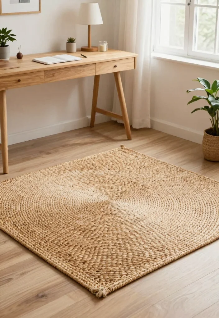 29 Home Office Rug Ideas: Cozy Styling for Your Space - 22. Rattan Rugs for Organic Appeal 1