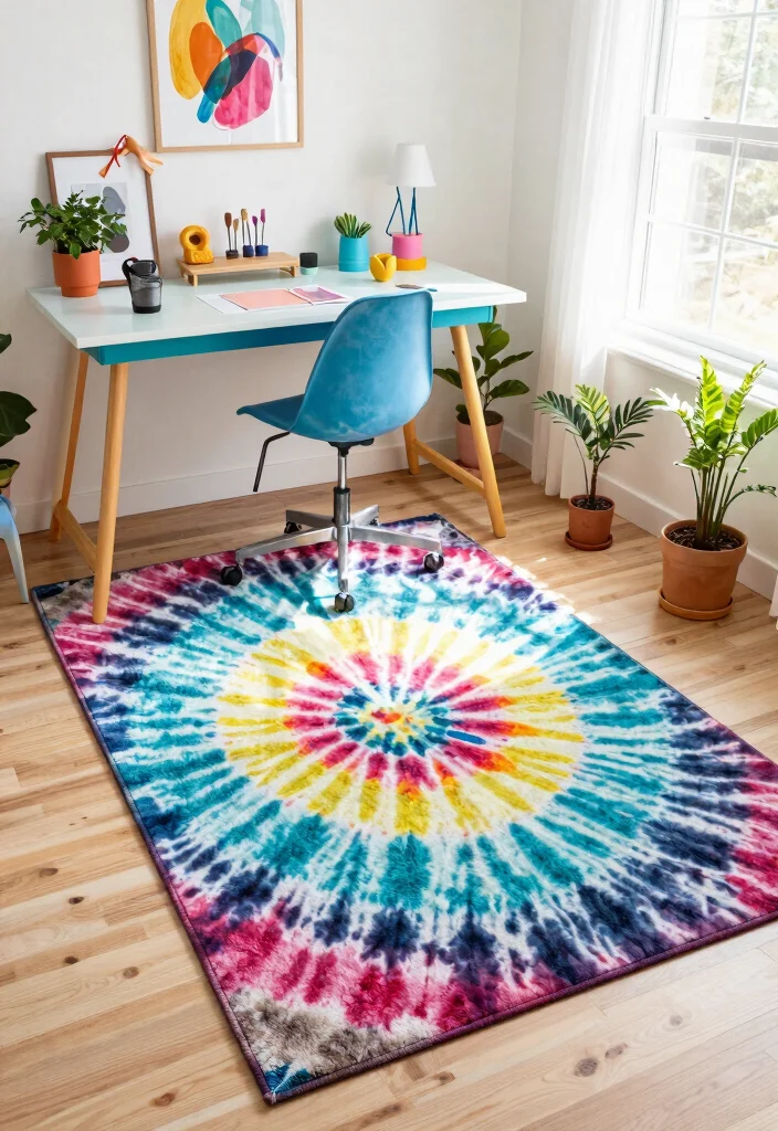 29 Home Office Rug Ideas: Cozy Styling for Your Space - 23. Tie-Dye Rugs for a Bohemian Touch 1