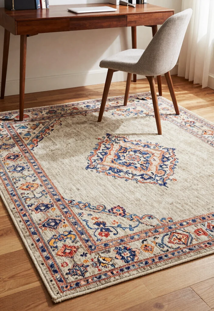 29 Mid Century Modern Home Office Design Ideas - 13. Layered Rugs 1