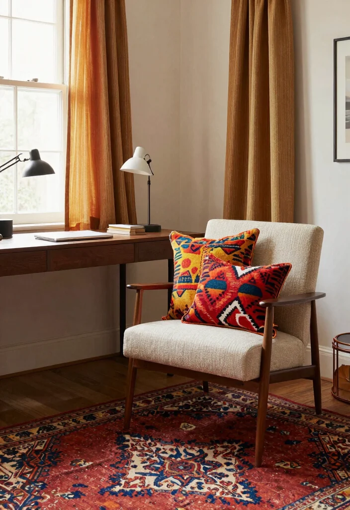 29 Mid Century Modern Home Office Design Ideas - 27. Vintage Textiles 1