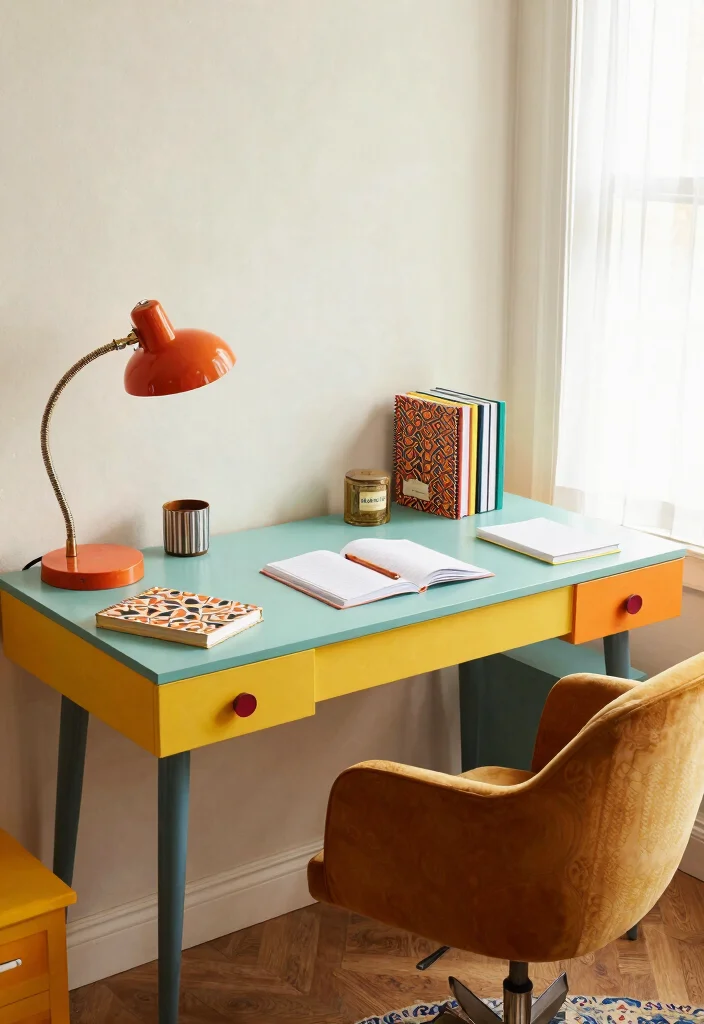 29 Modern Office Tables Ideas Sleek Designs for Every Style - 13. Retro Vibes 1