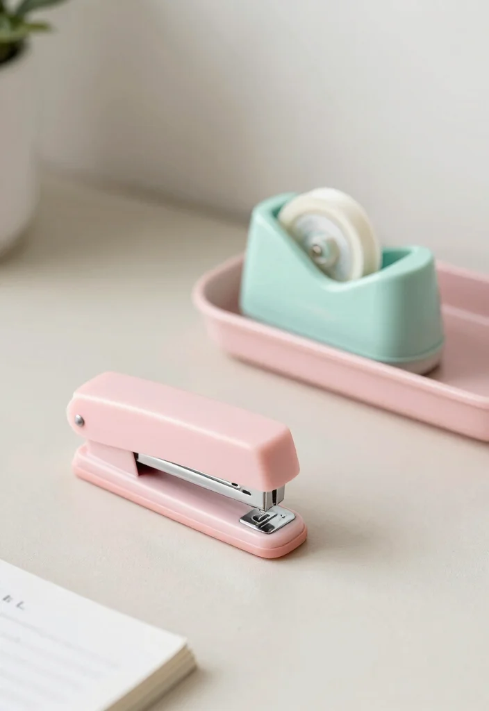 29 Office Desk Decor Ideas for Work Cubicle Women - 10. Minimalist Desk Accessories in Pastel Colors 1