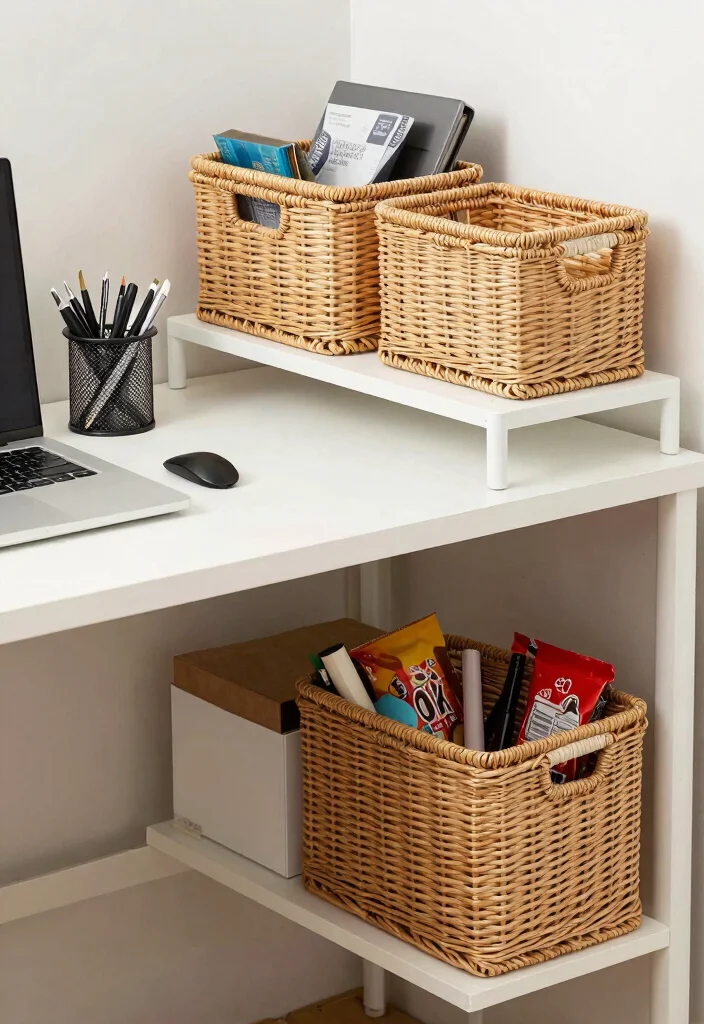 29 Office Desk Decor Ideas for Work Cubicle Women - 14. Organizing with Baskets 1