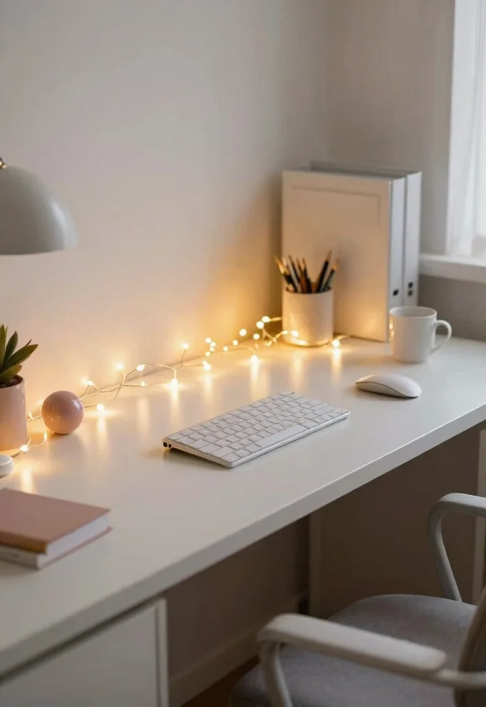 29 Office Desk Decor Ideas for Work Cubicle Women - 15. Soft Lighting with Fairy Lights 1