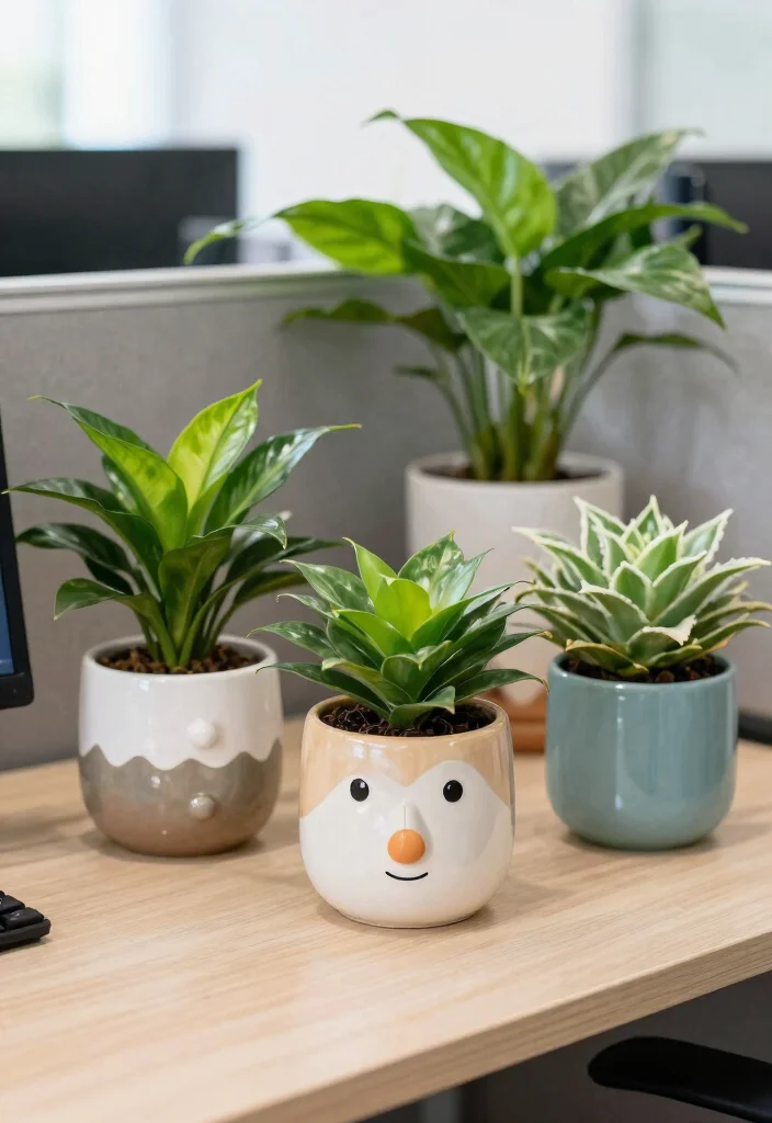 29 Office Desk Decor Ideas for Work Cubicle Women - 23. Desk Plants in Unique Pots 1