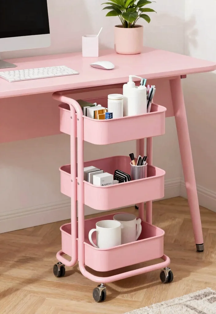 29 Pink Home Office Ideas Whimsical and Feminine Workspace - 24. Pink mobile storage 1