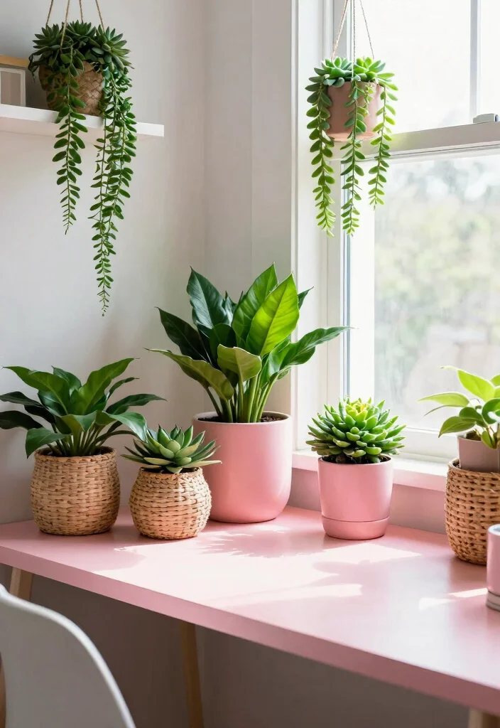 29 Pink Home Office Ideas Whimsical and Feminine Workspace - 7. Greenery and Pink 1